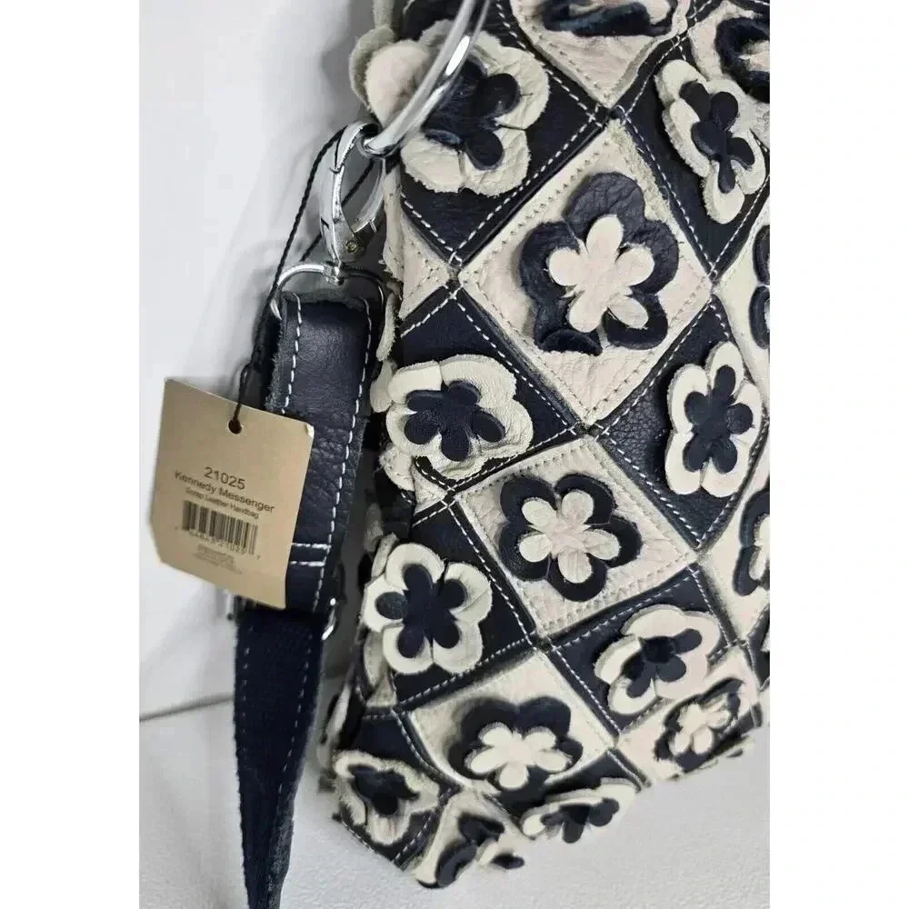 H2Z Leather 3D Floral Navy/Lt. Gray Crossbody Purse Boho Hippie Retro UPCYCLED